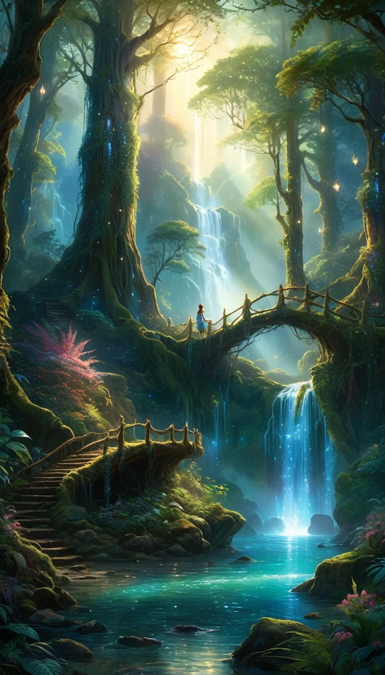 enchanted forest at twilight, ethereal light filtering through ancient towering trees, vividly detailed lush undergrowth, mystical creatures lurking in the shadows, sparkling fairy lights weaving through the foliage, a crystal-clear stream with water so pure it glows, cascading waterfall in the background with magical properties, fantasy wildlife drinking at the water's edge, highly detailed, photorealistic textures on every surface, soft diffused lighting creating a serene atmosphere, high dynamic range, ultra HD 8K resolution, depth of field emphasizing the magical focus points, art by Thomas Kinkade and Roger Dean, immersive, otherworldly beauty captured in cinematic quality, girl standing from afar