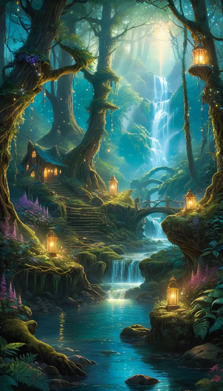 enchanted forest at twilight, ethereal light filtering through ancient towering trees, vividly detailed lush undergrowth, mystical creatures lurking in the shadows, sparkling fairy lights weaving through the foliage, a crystal-clear stream with water so pure it glows, cascading waterfall in the background with magical properties, fantasy wildlife drinking at the water's edge, highly detailed, photorealistic textures on every surface, soft diffused lighting creating a serene atmosphere, high dynamic range, ultra HD 8K resolution, depth of field emphasizing the magical focus points, art by Thomas Kinkade and Roger Dean, immersive, otherworldly beauty captured in cinematic quality, girl standing from afar