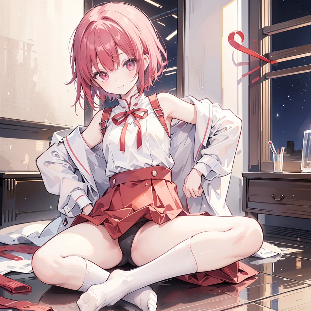 Thousand miles, 1 girl, Bangs, indoor, short hair, Smile, alone, Permanent, Sexy pose, Mid-chest, red uniform, 吊socks帶, socks, Put your hands behind your back, red edge ribbon, lyrcoris recoil,