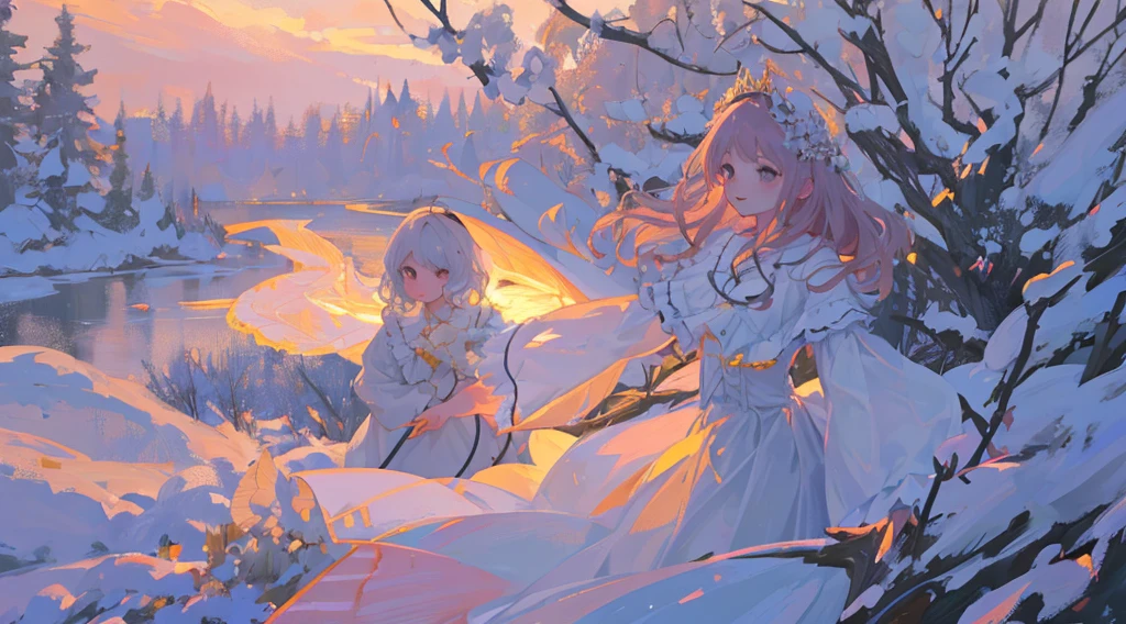 (1girll:1.2), Slight blush, Wavy hair, Fluffy hair, cloaks, Lace trim, Lace, frilld, ta, elegant, bodice, Light smile, Peaceful, Colorful, (winter:0.8), Snow, Nature, Princess, royal, Extremely detailed, Beautiful background, White, Depth of field, Cinematic lighting, Ghibli-like colors, High detail, scenery, horizon, Wind, wind blown, view the viewer, Lolilothes, 8K, Bokeh, Award-Awarded, (Masterpiece:1.3), Best quality, Anatomically correct, Perfect hands