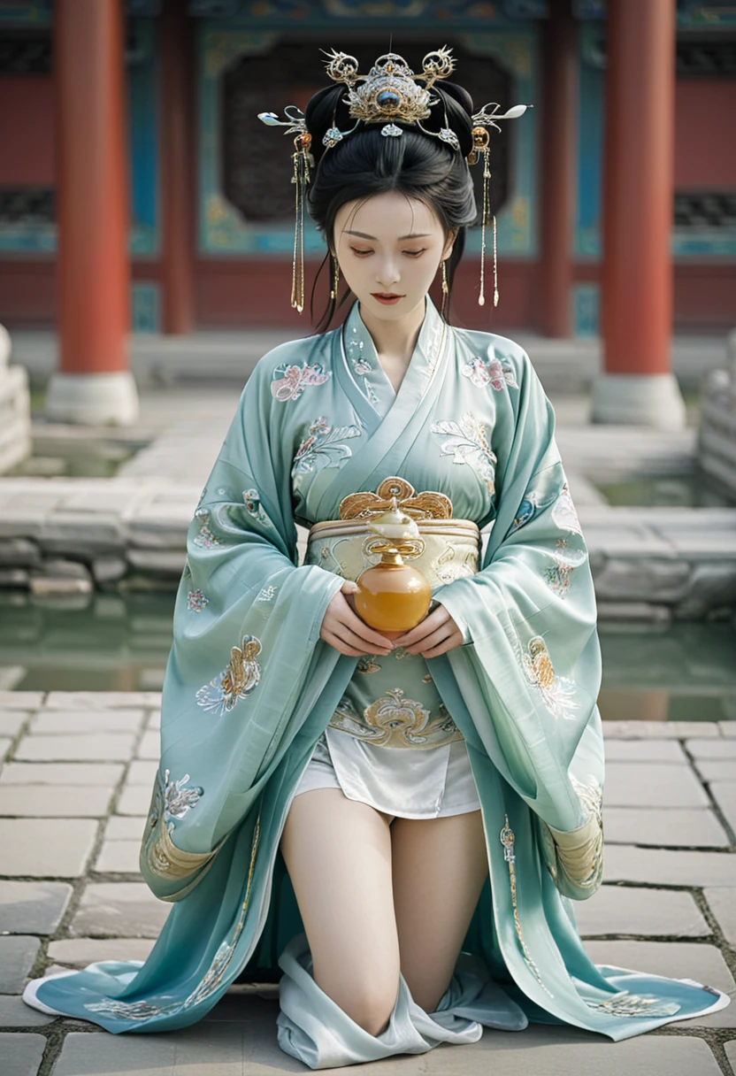 A woman seen from the front, facing forward as if urinating on the ground, legs apart. A Chinese empress wearing a large crown, exposing her abdomen, thighs and feet.。She is wearing no underwear, and her large breasts are exposed, right down to her bare stomach. Her hair is tied up and pulled up, and the background is the stone pavement of the Chinese palace of the Qing Dynasty.