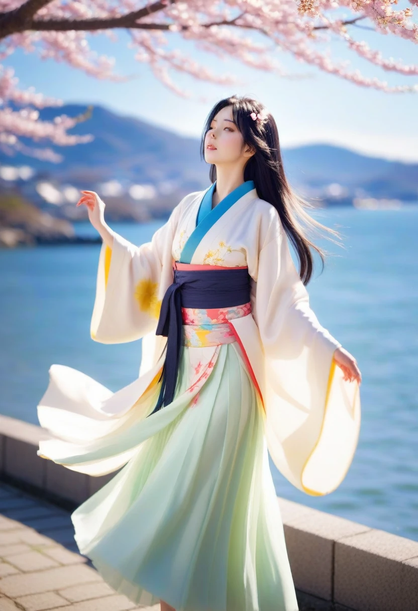 1 girl,black hair, flowing hair, Coast,sight,sight,Cherry Blossom, falling petals, sunlight,divine light,upper body, color,skirt,kimono