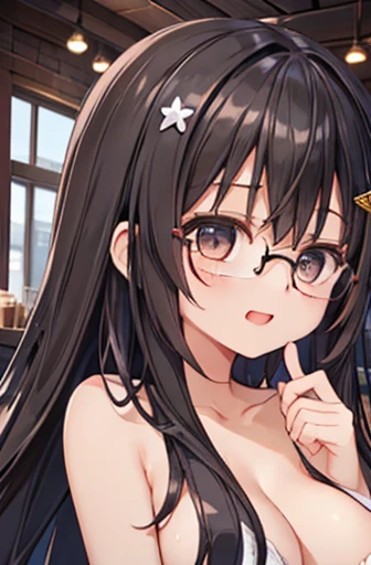 (With a girl、、Black-haired、Long Hair、Straight hair、hair ornaments、Light brown eyes、Laughter、Wearing black glasses、、Cute Face)、masterpiece、Highest quality、naked、restaurant、toast、coffee,Big Breasts
