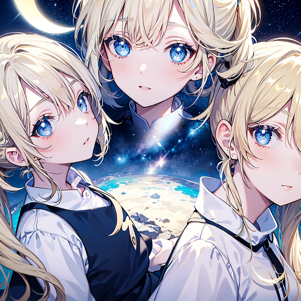 face close-up,moon light,swept bangs,pigtails, blond hair, blue eyes, white clothes. beautiful eyes,best quality,top of the head,starry sky background