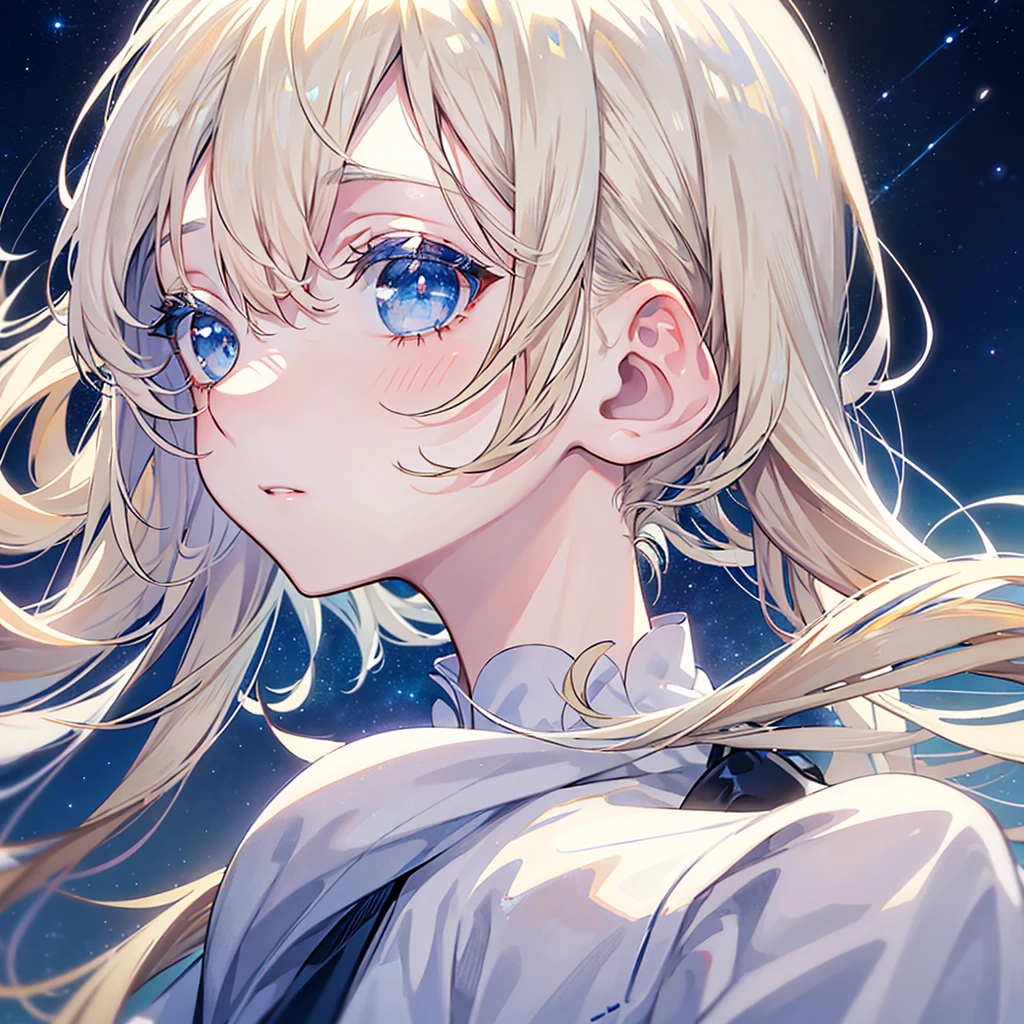 face close-up，moon light，swept bangs，pigtails, blond hair, blue eyes, white clothes. beautiful eyes，best quality，top of the head，starry sky background
