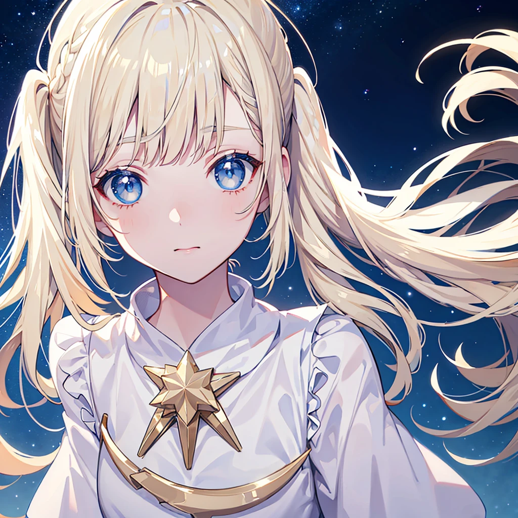 face close-up,moon light,swept bangs,pigtails, blond hair, blue eyes, white clothes. beautiful eyes,best quality,top of the head,starry sky background