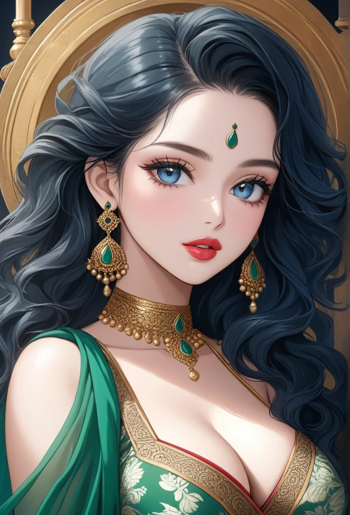 a beautiful woman with detailed facial features, wearing a green printed saree, gold jhumka earrings, seductive pose, wavy silky hair, perfect hourglass body, white skin, blue eyes, makeup, tattoo, (best quality,4k,8k,highres,masterpiece:1.2),ultra-detailed,(realistic,photorealistic,photo-realistic:1.37),detailed eyes,detailed lips,extremely detailed face,longeyelashes,average breasts,perfect body,vivid colors,detailed jewelry,
Glossy lipstick 