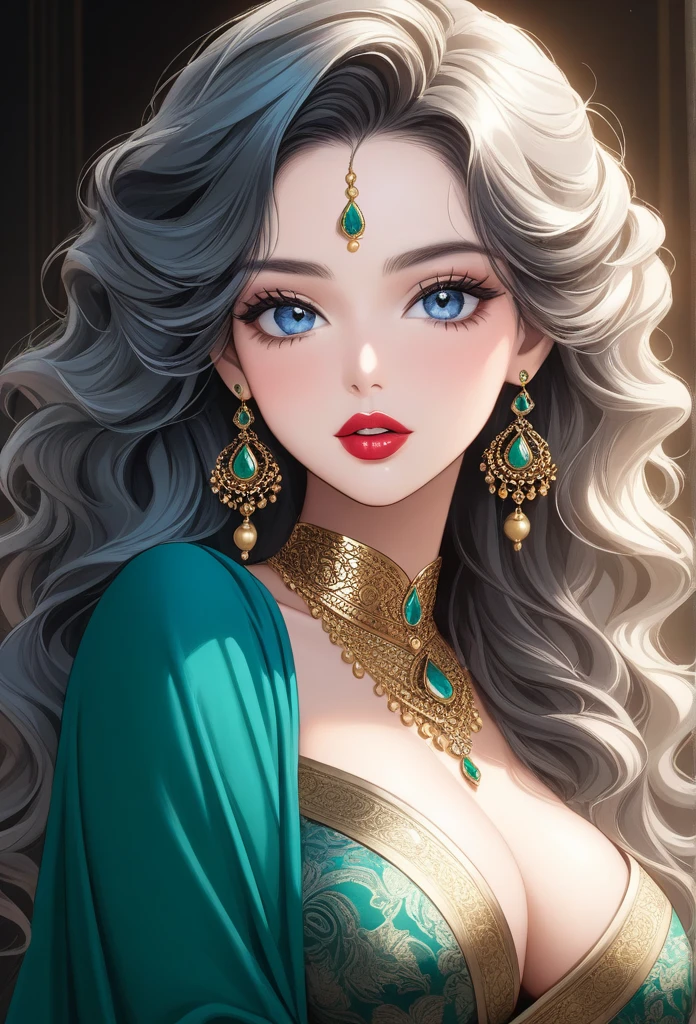 a beautiful woman with detailed facial features, wearing a green printed saree, gold jhumka earrings, seductive pose, wavy silky hair, perfect hourglass body, white skin, blue eyes, makeup, tattoo, (best quality,4k,8k,highres,masterpiece:1.2),ultra-detailed,(realistic,photorealistic,photo-realistic:1.37),detailed eyes,detailed lips,extremely detailed face,longeyelashes,average breasts,perfect body,vivid colors,detailed jewelry,
Glossy lipstick 