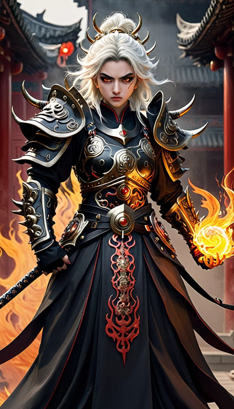 Draw the image of a Chinese Shura ghost。Shura has a ferocious and fierce face,Anger in the eyes。It has multiple arms,Each arm holds a different weapon,The body is strong and powerful,Wearing armor with spikes and scary decorations。Shura has extra eyes、Multiple or unusual skin colors,Red or black。The overall image exudes a fierce momentum,Surrounded by flames。Ultra-high resolution,Best quality,Canon,photography,Reality,Surrealism,Realism,style,Reality,Reality