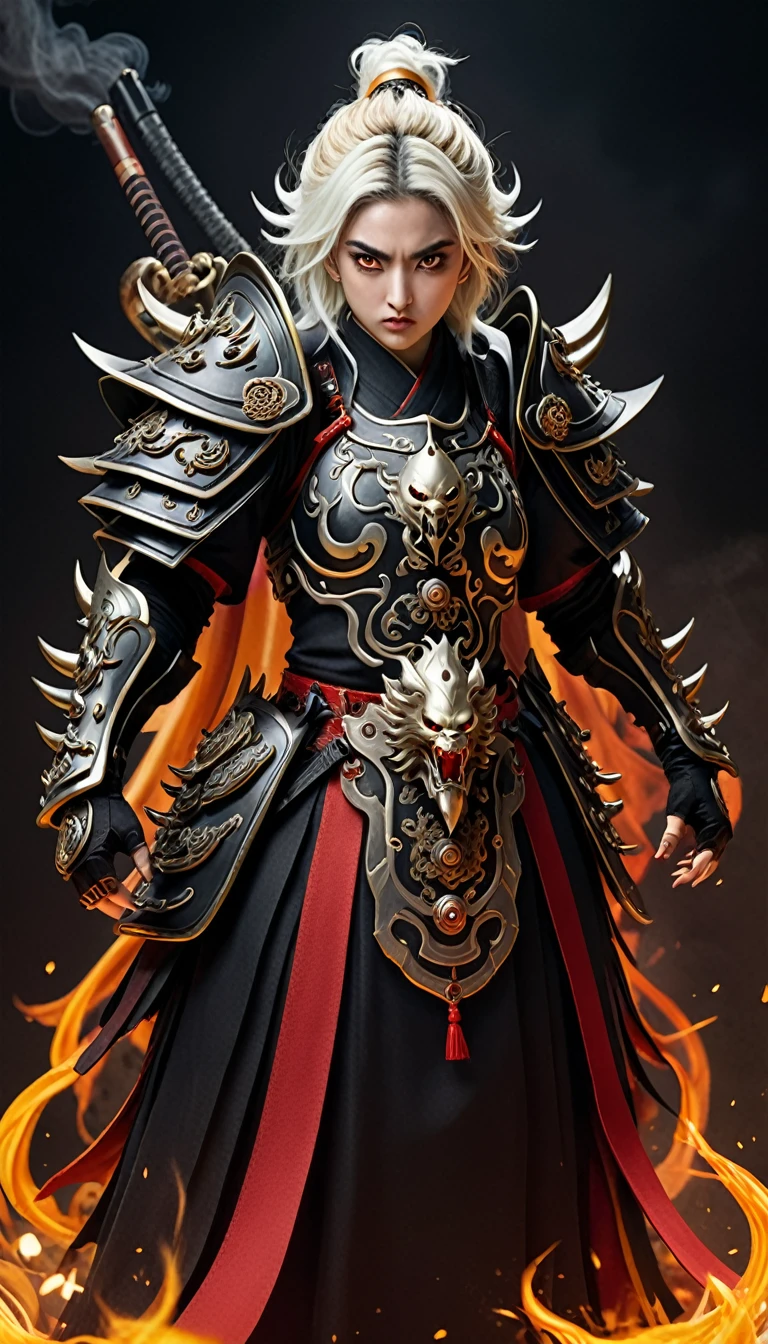 Draw the image of a Chinese Shura ghost。Shura has a ferocious and fierce face,Anger in the eyes。It has multiple arms,Each arm holds a different weapon,The body is strong and powerful,Wearing armor with spikes and scary decorations。Shura has extra eyes、Multiple or unusual skin colors,Red or black。The overall image exudes a fierce momentum,Surrounded by flames。Ultra-high resolution,Best quality,Canon,photography,Reality,Surrealism,Realism,style,Reality,Reality