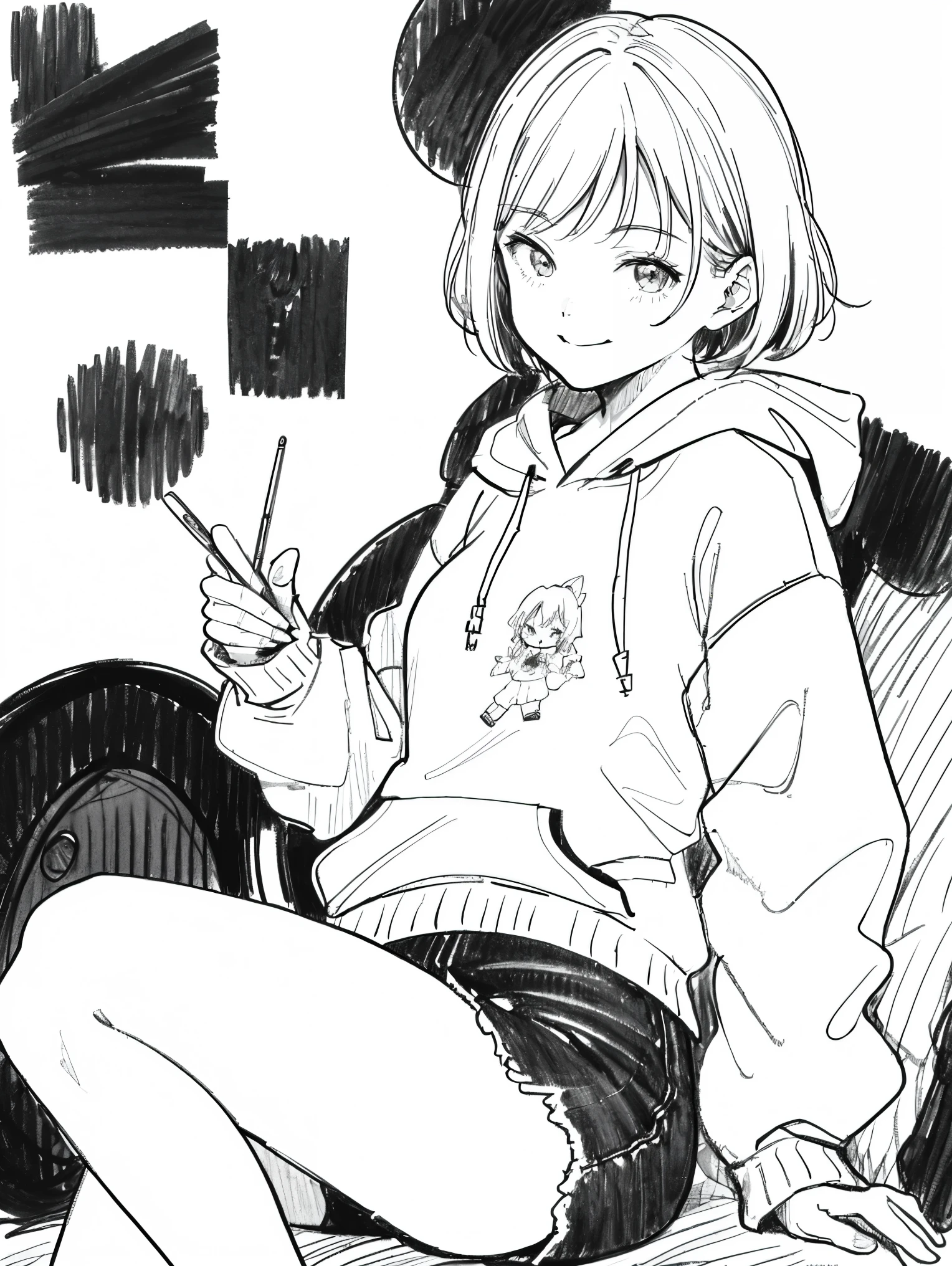 1girl, line-drawing, monochromes, sketch, Pencil drawing, comic strip, manga comics, glad, smiling, front view, very short hair, hoodie, boyish, white background