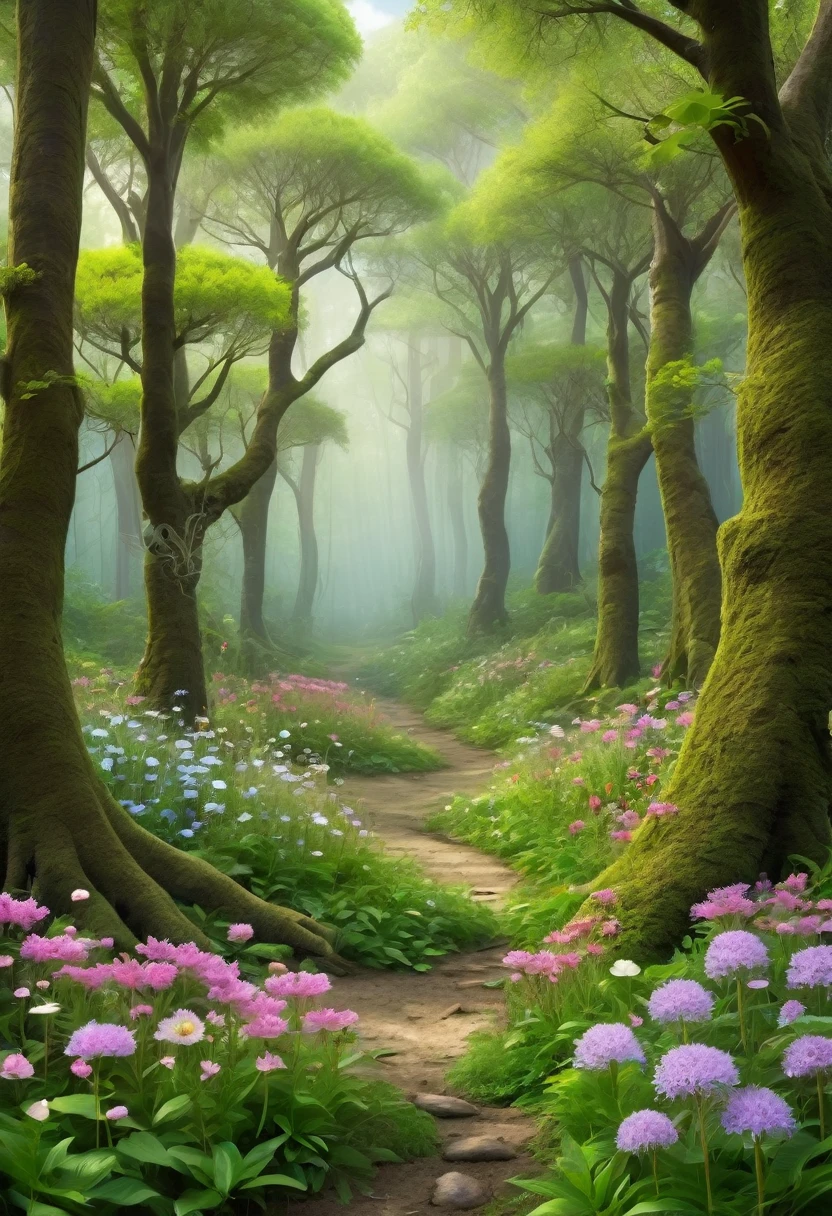 Natural scene in the art forest, with many magical, primitive trees, many new transparent flowers growing under the trees, the scene has depth and creativity.