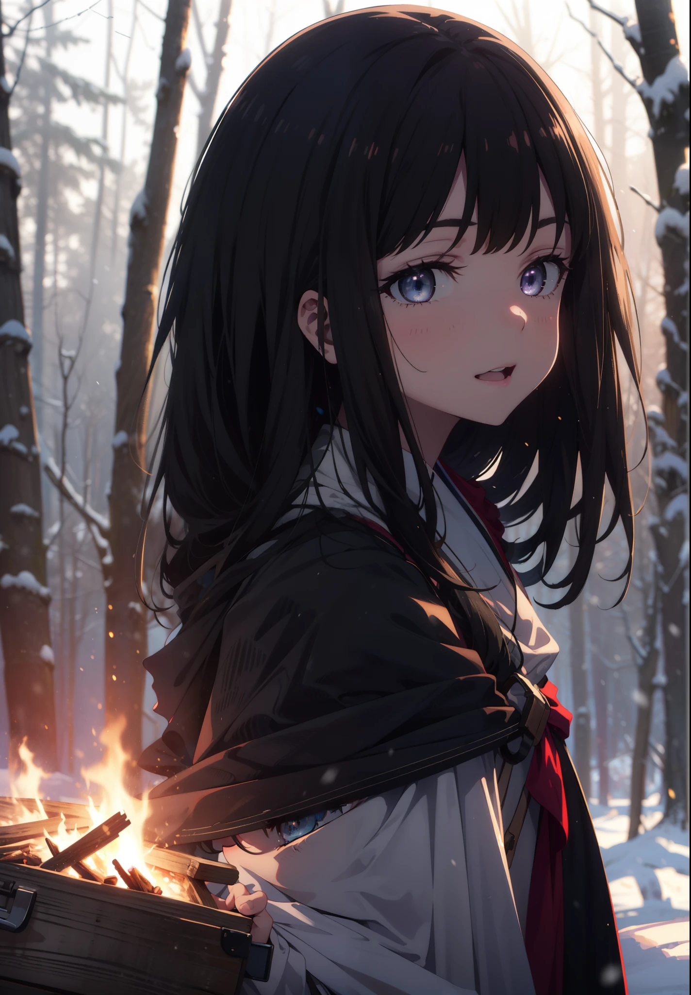 Takiuchi, Inoue Check, Long Hair, bangs, Black Hair, (Purple eyes:1.2),smile,
Open your mouth,snow,Bonfire, Outdoor, boots, snowing, From the side, wood, suitcase, Cape, Blurred, forest, nature, Squat, Cape, winter, Written boundary depth, Black shoes, blue Cape break looking at viewer, Upper Body, whole body, break Outdoor, forest, nature, break (masterpiece:1.2), Highest quality, High resolution, unity 8k wallpaper, (shape:0.8), (Beautiful and beautiful eyes:1.6), Highly detailed face, Perfect lighting, Extremely detailed CG, (Perfect hands, Perfect Anatomy),
