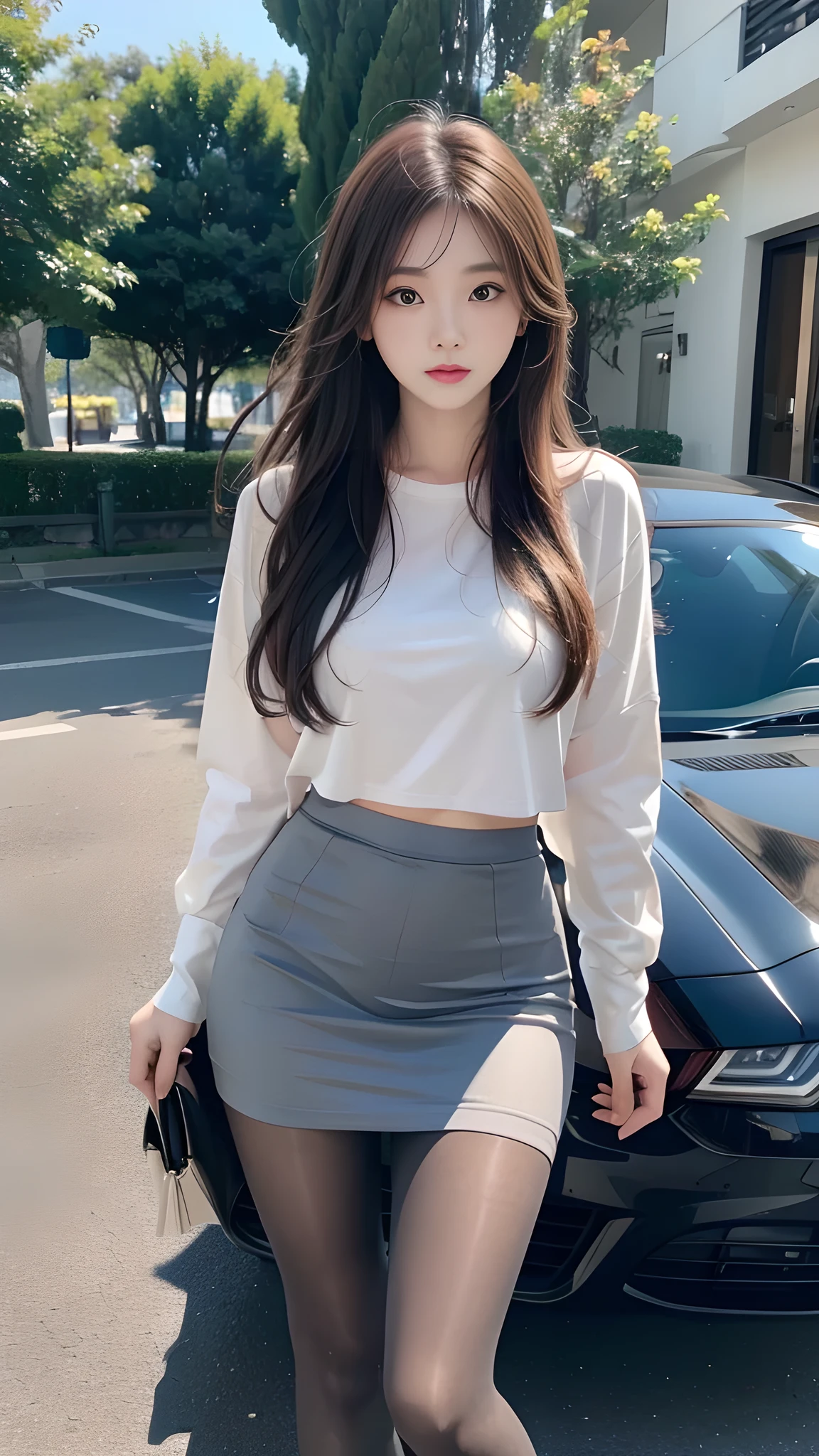 ulzzang-6500-v1.1, (RAW photo: 1.2), (Real photo), (Real photo: 1.4), 1 girl、Perfect anatomy、20 years old、Looking at the camera、Medium length hair、long skirt, standing in front of a magnificent villa, next to a luxury car, ((in front of the villa: 1.1))、(Super realistic tights: 1.2), (Business service)、Asian eyes Ella,