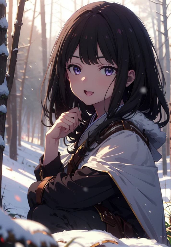 Takiuchi, Inoue Check, Long Hair, bangs, Black Hair, (Purple eyes:1.2),smile,
Open your mouth,snow,Bonfire, Outdoor, boots, snowing, From the side, wood, suitcase, Cape, Blurred, forest, nature, Squat, Cape, winter, Written boundary depth, Black shoes, blue Cape break looking at viewer, Upper Body, whole body, break Outdoor, forest, nature, break (masterpiece:1.2), Highest quality, High resolution, unity 8k wallpaper, (shape:0.8), (Beautiful and beautiful eyes:1.6), Highly detailed face, Perfect lighting, Extremely detailed CG, (Perfect hands, Perfect Anatomy),