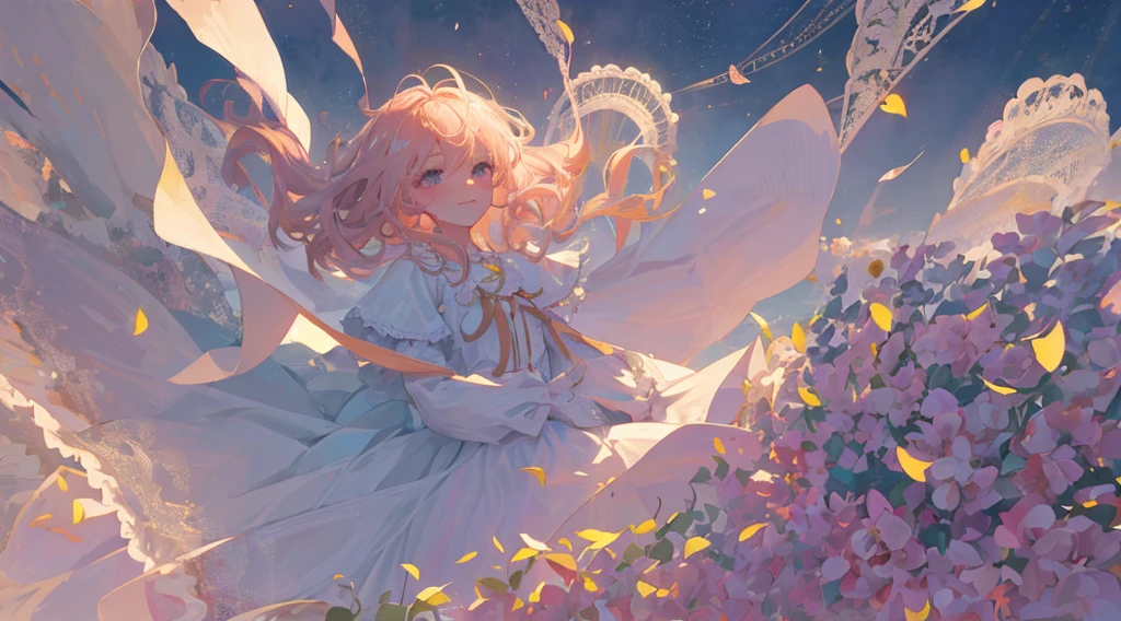 (1girll:1.2), Slight blush, Wavy hair, Fluffy hair, cloaks, Lace trim, Lace, frilld, Lolita, elegant, bodice, Light smile, Peaceful, Colorful, (winter:0.7), (Flowers:0.7),, Nature, Princess, royal, Extremely detailed, Beautiful background, White, Depth of field, Cinematic lighting, Ghibli-like colors, High detail, scenery, horizon, Wind, (Bright:0.7), wind blown, view the viewer, Lolita clothes, 8K, Bokeh, Award-Awarded, (Masterpiece:1.3), Best quality, Anatomically correct, Perfect hands