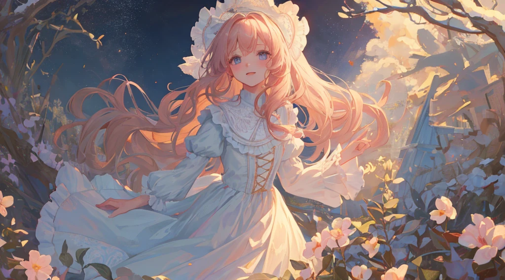 (1girll:1.2), Slight blush, Wavy hair, Fluffy hair, cloaks, Lace trim, Lace, frilld, ta, elegant, bodice, Light smile, Peaceful, Colorful, (winter:0.7), (Flowers:0.7),, Nature, Princess, royal, Extremely detailed, Beautiful background, White, Depth of field, Cinematic lighting, Ghibli-like colors, High detail, scenery, horizon, Wind, (Bright:0.7), wind blown, view the viewer, Lolilothes, 8K, Bokeh, Award-Awarded, (Masterpiece:1.3), Best quality, Anatomically correct, Perfect hands