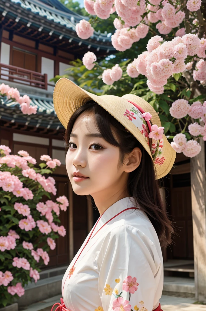 A girl wearing korean traditional attire while the background is sunny day and flowers are all around