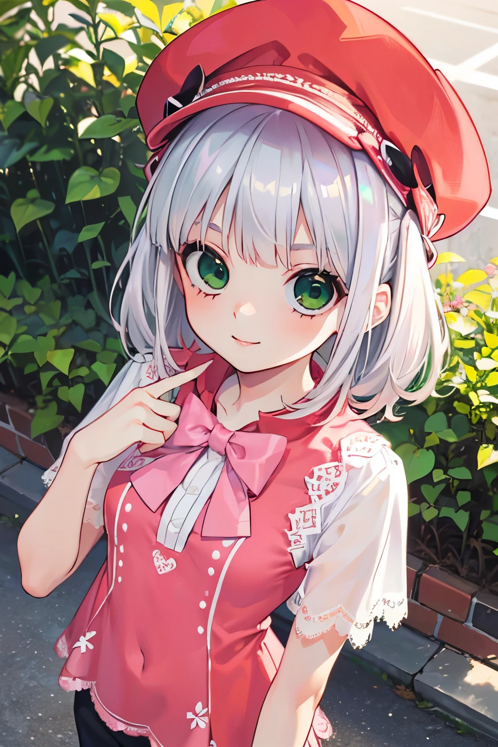 (beautiful young boy:1.3),(Small breasts 1.0),((silver hair:1.2)),(Medium wave hair:1.1),(green eyes:1.2),(PRİNCESS:1.1),(coral pink cap:1.25),((lace blouse:1.2)),kiss Face,smile,(outdoor:1.25),(Top view:1.1)