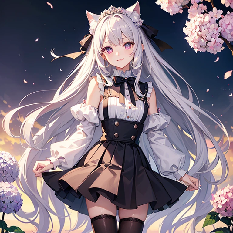 masterpiece,Highest quality,Highly detailed face,fine grain,Waterfront,bubble,Sparkling eyes,Highlighted eyes,Center of chest,pretty girl,smile,Cat ear,Beautiful silver hair,Pink inside,Beautiful pink eyes,Oversized shirt、skirt、black tights, Hydrangea
