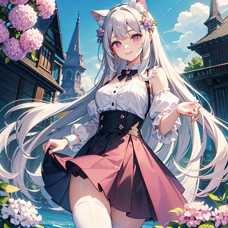 masterpiece,Highest quality,Highly detailed face,fine grain,Waterfront,bubble,Sparkling eyes,Highlighted eyes,Center of chest,pretty girl,smile,Cat ear,Beautiful silver hair,Pink inside,Beautiful pink eyes,Oversized shirt、skirt、black tights, Hydrangea