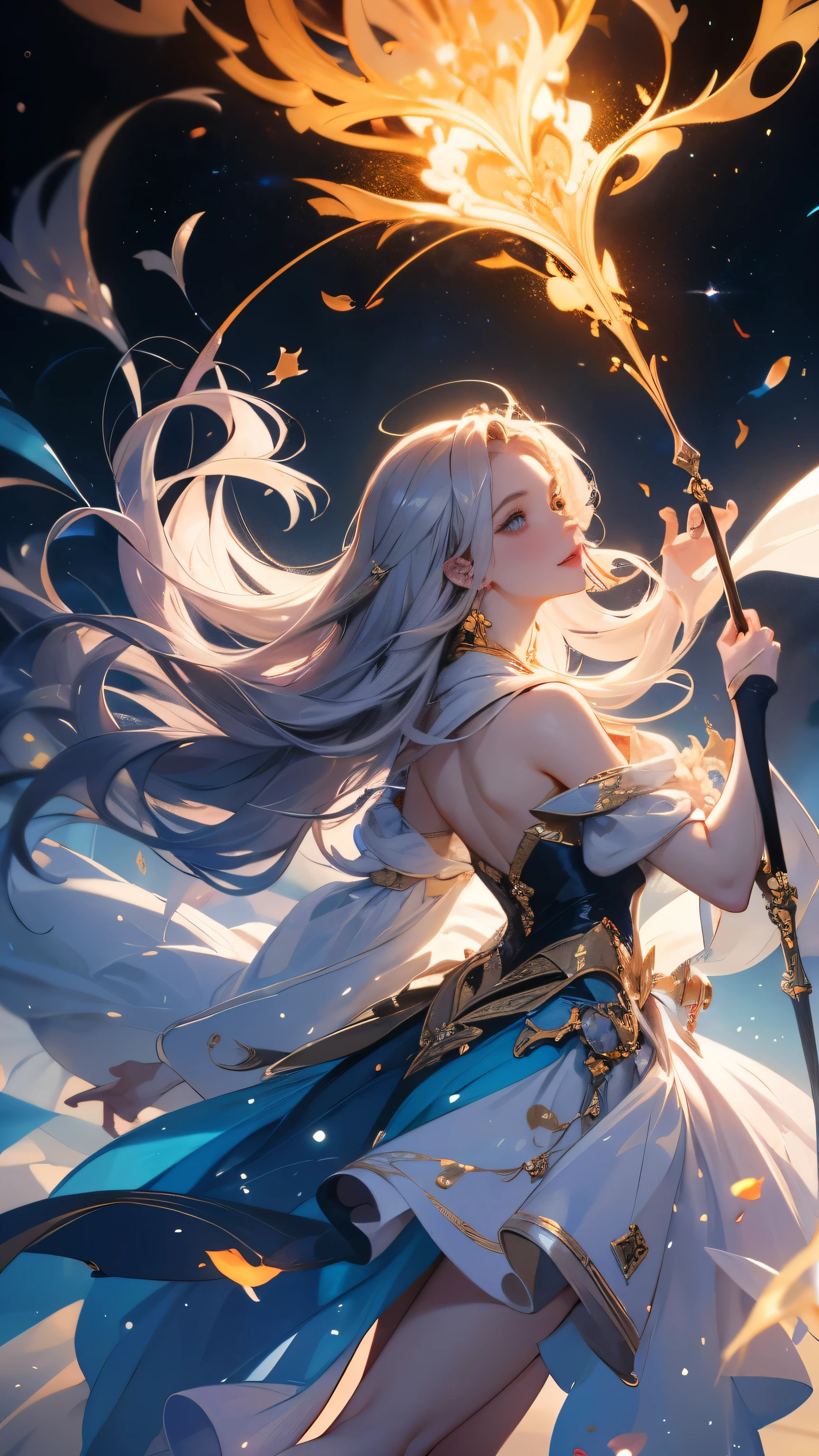 8K resolution, obra de artistry, highest quallity, award-winning artwork, unrealistic, From  above, erotic, Only sexy women, healthy formad body, 22 years old, black magician, Height: 165cm, huge firm busts jumping,, Long wavy silver hair, Detailed facial representation, break, mysterious blue eyes, Standard Nose, eyeliner, pink lips, sexy long legs, transparent muscle,, Gothic long dress with ruffles, A dress with a complex structure, Seven colorful dresses, Dress on fire, Royal coat of arms, chic, very detailled, Delicate representation of hair, miniature painting, digitalpainting, artistryステーションコンセプトartistry, Soft, sharp focus, forma, artistryジャム、Greg Rutkowski、Alphonse Mucha's、William-Adolphe Bouguereau、artistry：Stephanie Law , Royal Jewel, naturey, Symmetrical, Greg Rutkowski, Carlos Bowwater, unrealistic, surreal, dynamic lighting, artistry de fantasiae, Complex colors, colorful magic circle, flash, Dynamic sexy pose, a gentle smile, mysterious background, Aura, um olhar Soft, break, Little dim lights and flying fireflies, natta, lanthanum, 山の頂From  above下界を見下ろす, starry sky, Milky Way, nebula, Shooting Star, A sacred staff that emits a brilliant light, rear view, Facing the camera