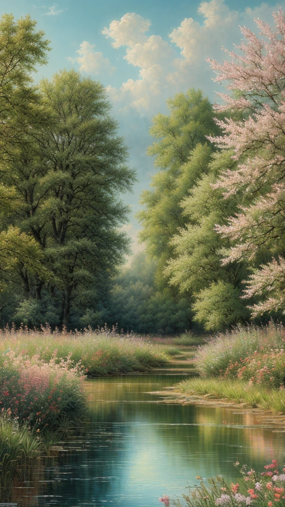 paysage,arbres, Eau, Country flowers,(Highly detailed CG Unit 8k wallpaper), The most beautiful work of art in the world, Professional majestic oil painting, complexe, High detail, mise au point nette, dramatique, Art of photorealist painting
