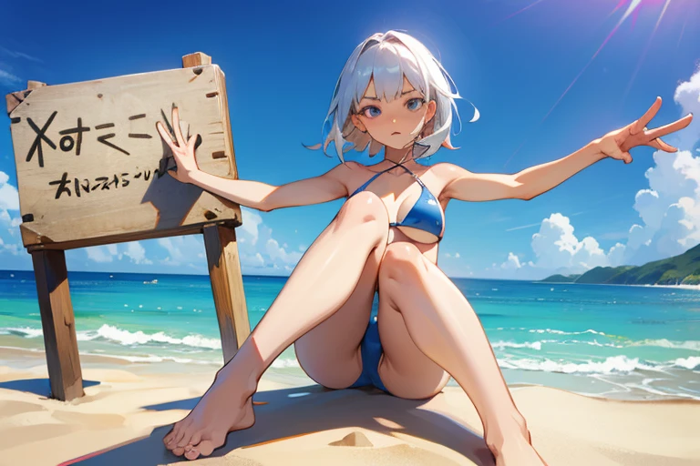 Realistic woman with bikini looking towards the sky in a very expressive pose extended both arms perspective of the feet towards the sky making the sign of love and peace raising the knee and extending the other leg very adventurous
