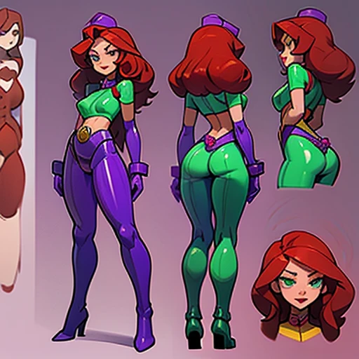 Slim woman with pronounced hips y
And brown skin, with Long curly red hair, small red lips, big green eyes , dressed in erotic purple latex bunny suit ,With a with green stones belt, a white boots and gloves , in various views (front and back) (full body) ((Character sheet))