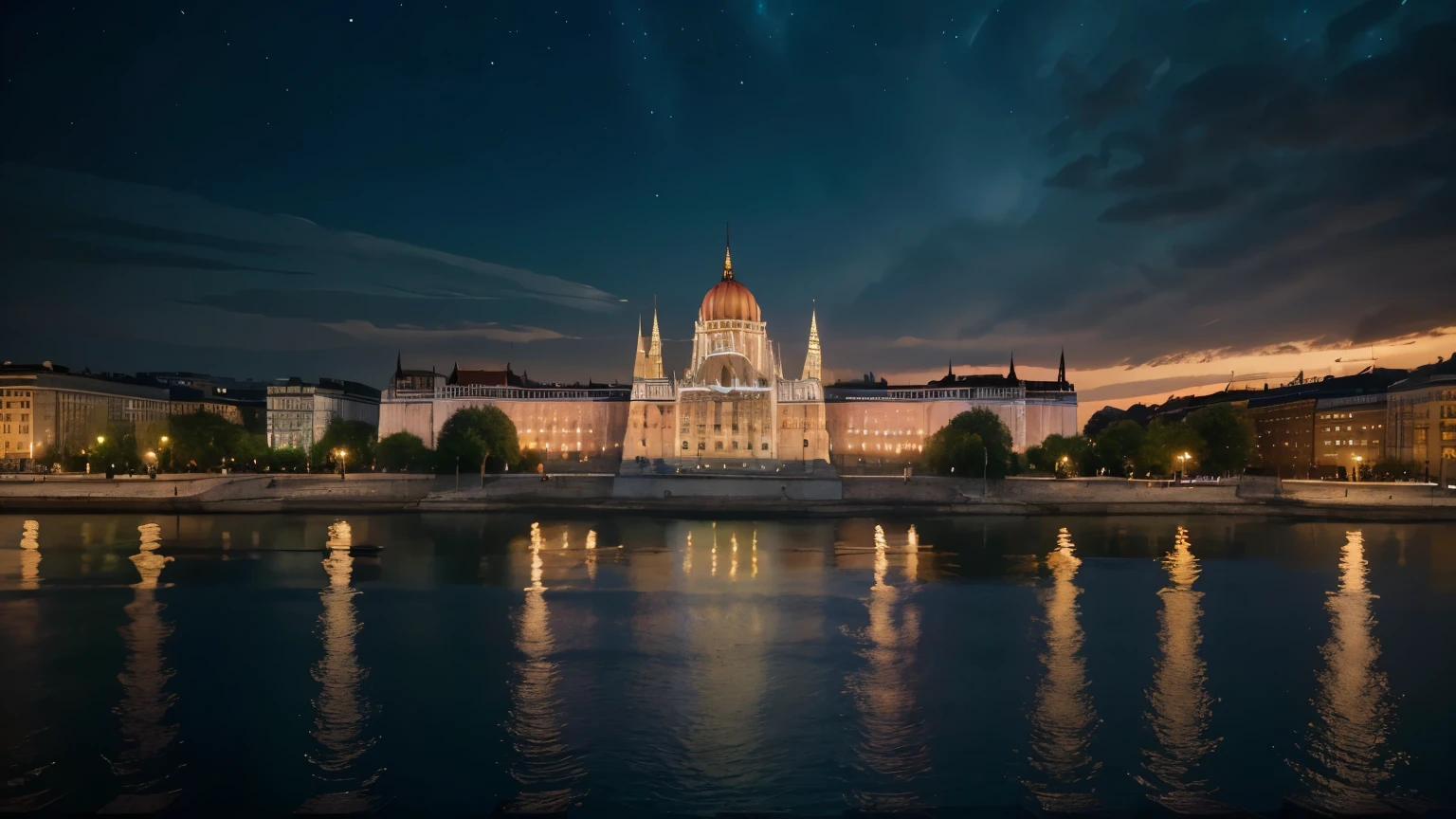 Generate an epic, victorious, and joyful scene in Hungary with multiple Hungarian flags prominently displayed and waving in the scene. Show diverse groups of happy people celebrating together, including individuals of different ages and backgrounds in traditional and modern clothing. Place the scene in a recognizable Hungarian landmark, such as Budapest, with the Parliament building or the Chain Bridge. Use bright and vivid colors to convey joy and victory, with dynamic lighting to enhance the dramatic feel. Incorporate elements that suggest a symphonic rock theme, such as musical instruments or subtle musical notes in the background. Ensure the composition is balanced with the Hungarian flags drawing attention and create a sense of movement and energy throughout the image. Design the image to fit an album cover format, with space for album title and artist name, ensuring the central elements are not obstructed by text placement. Render the image in Full HD, 4K, and 8K resolutions with cinematic quality, detailed textures, and high dynamic range (HDR) lighting. Focus on sharpness and clarity to make every detail stand out. Avoid using overly artificial elements or effects that detract from the natural look, and do not include any text or watermarks within the image itself. Ensure that the image remains realistic and avoids any overly exaggerated or cartoonish styles.
