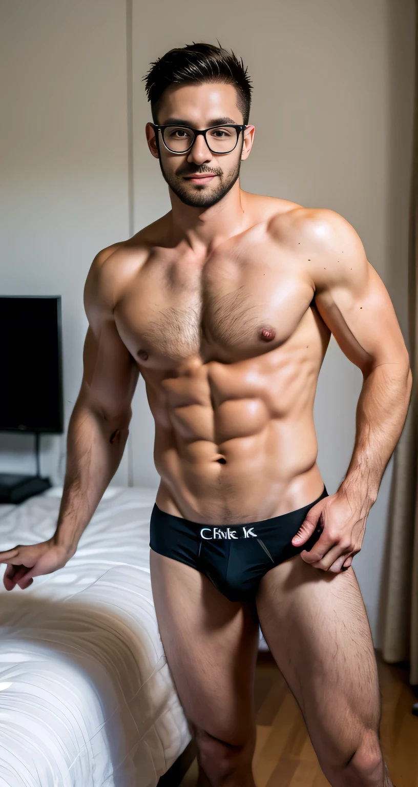 natural male、30 years old、male、Japanese、very handsome、abs、Pectoral muscle、ck black-underwear、sexy pose、body hair、full-length picture,wearing glasses