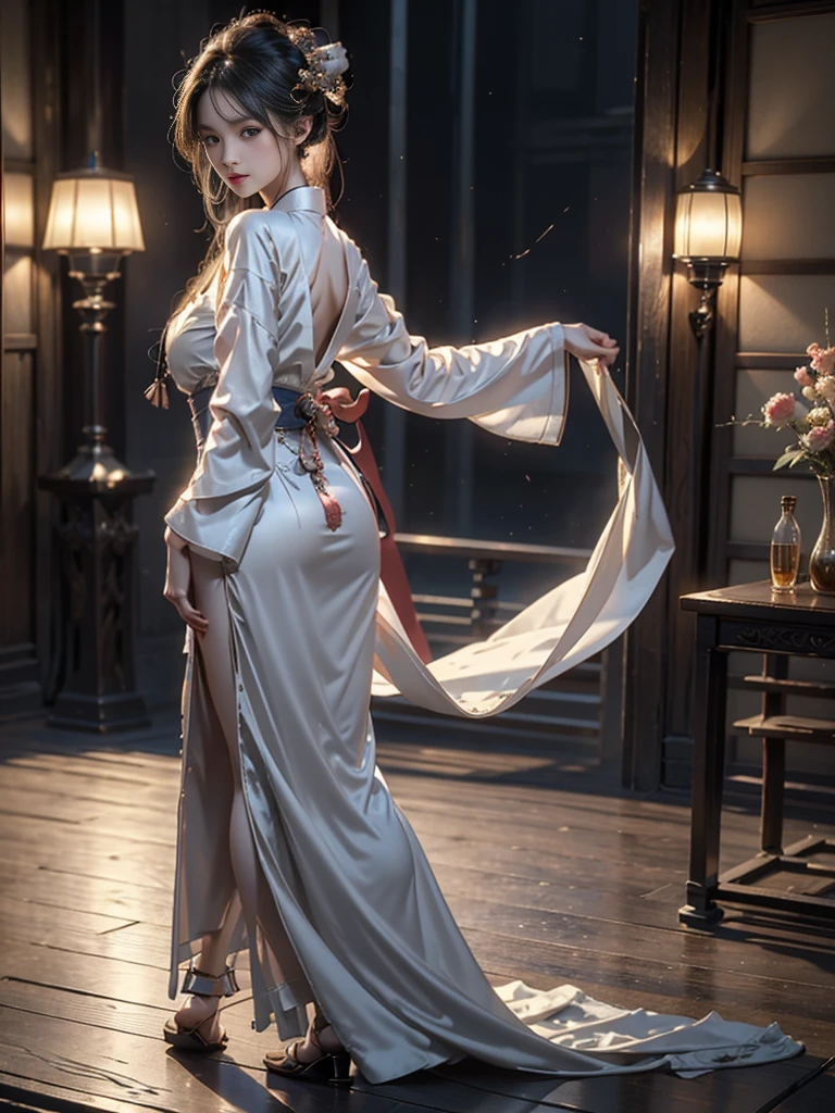 ((best quality)),((excellent quality, 8K, master piece: 1.5)), The pubic area is clear: 1.4, perfect body beauty: 1.4,  sexy hanfu clothes，sexy hanfu clothes，I can see your pants，gray hair，wet skin, sleeping in bed，back stance，pointed ass，round butt，pointed ass，Raise your ass，film texture，