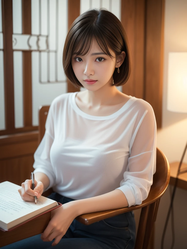 ((masterpiece))、((Highest quality))、photograph、reality、high resolution、Advanced Depth of Field、Very detailed、Realistic lighting、secretary、30 years old、Delicate facial features、short hair、Realistic background and accessories、Big and ample breasts、Sexy lips、library、private、A see-through T-shirt that fits snugly against your chest、Wide Shot、((I read the book))、sit in a chair behind the screen、draw a picture、