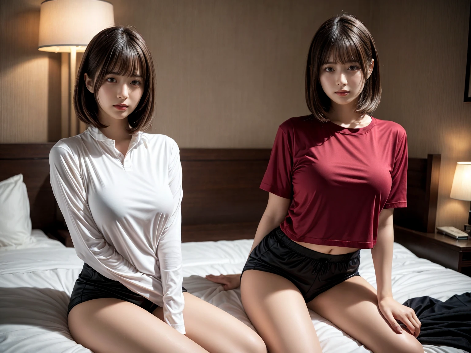 (RAW photo, 4k, masterpiece, high resolution, extremely complex) (realistic: 1.4), cinematic lighting
 ((2 girls)),Slam Dunk's,blushing,((innocent)),(Dark makeup),bright eyes,round eyes,blunt bangs,(straight hair:1.3),black hair,medium breasts,wide hips,Summer Noon, 15 year old girl、cute type、lolita,Hot, (Best Quality), (Highres), (an Extremely Delicate and Beautiful),(Beautiful 8k face),(Brown eyes),short bob hair,( spectators),(medium breasts),(Play with each other,Touching each other's bodies,Touching the body),(School-specified gym clothes, white gym uniform, short sleeve, wine red tight bloomers, tuck in),(reality),bright lighting,(The background is a luxury hotel room)