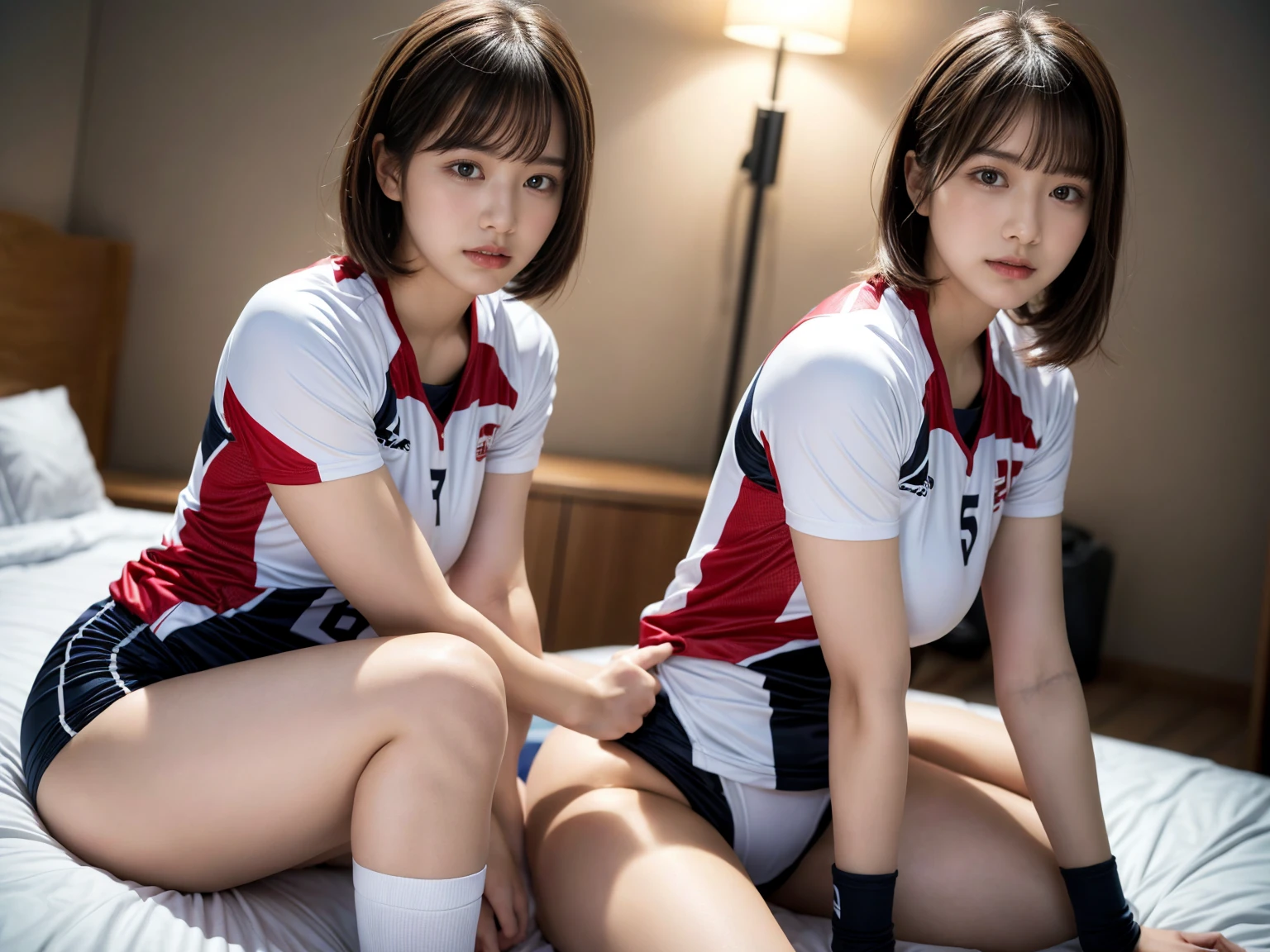 masterpiece, best quality, illustration, Super detailed, fine details, High resolution, 8K,wall paper, perfect dynamic composition,(Details High quality, realistic depiction of eyes:1.3), (2 girls), (short hair volleyball player, Volleyball Uniforms), Tight clothes, sitting, open legs, short bob hair, in a hotel room in the background, deep on field, large breasts, black hair color, Big Natural Color Lip, (perfect body shape), crying a little、Harajuku style、20 year old girl、cute type、beautiful legs, Gravure Idol
