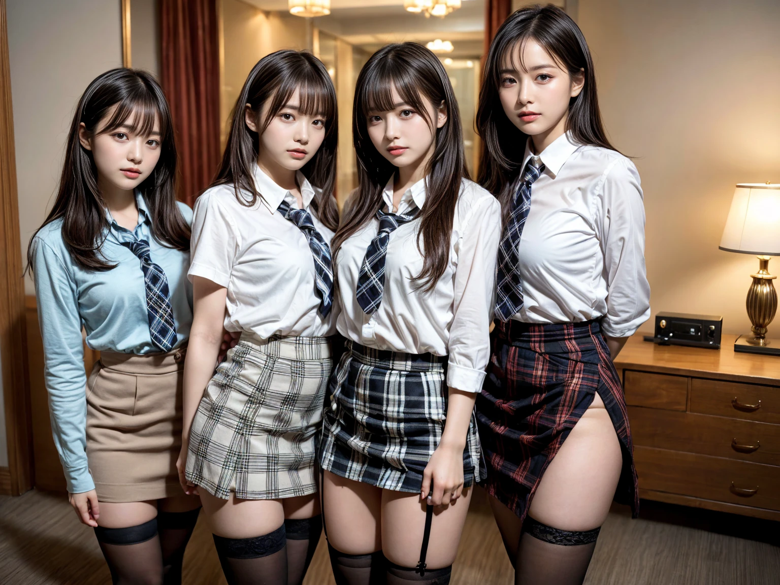 masterpiece, best quality, illustration, Super detailed, fine details, High resolution, 8K,wall paper, perfect dynamic composition,(Details High quality, realistic depiction of eyes:1.3), (3 girls), (white school shirt :1.2), (plaid skirt :1.3), tie black, black thigh-high stockings, sitting, open legs, short bob hair, in a hotel room in the background, deep on field, large breasts, black hair color, Big Natural Color Lip, (perfect body shape), crying a little、Harajuku style、20 year old girl、cute type、beautiful legs, Gravure Idol
