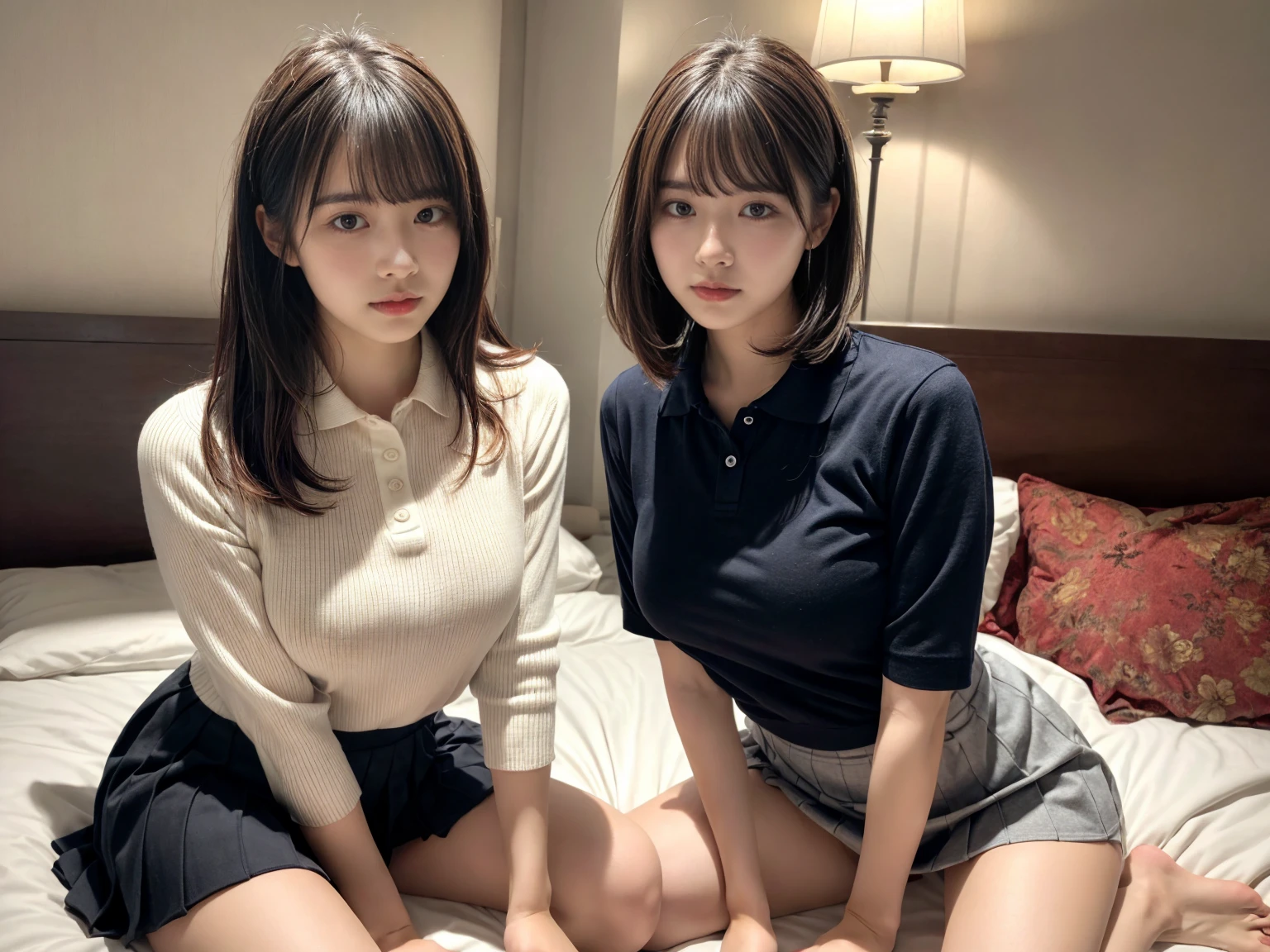 masterpiece, best quality, illustration, Super detailed, fine details, High resolution, 8K,wall paper, perfect dynamic composition,(Details High quality, realistic depiction of eyes:1.3), (2 girls), A tight polo shirt that expresses the roundness and softness of your chest., pleated mini skirt, sitting, open legs, short bob hair, in a hotel room in the background, deep on field, large breasts, black hair color, Big Natural Color Lip, (perfect body shape), crying a little、Harajuku style、20 year old girl、cute type、beautiful legs, Gravure Idol