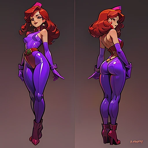 Slim woman with pronounced hips y
And brown skin, with Long curly red hair, small red lips, big green eyes  , dressed in erotic purple latex bunny suit ,With a with green  stones belt, a white boots and gloves , in various views (front and back) (full body) ((Character sheet)) 