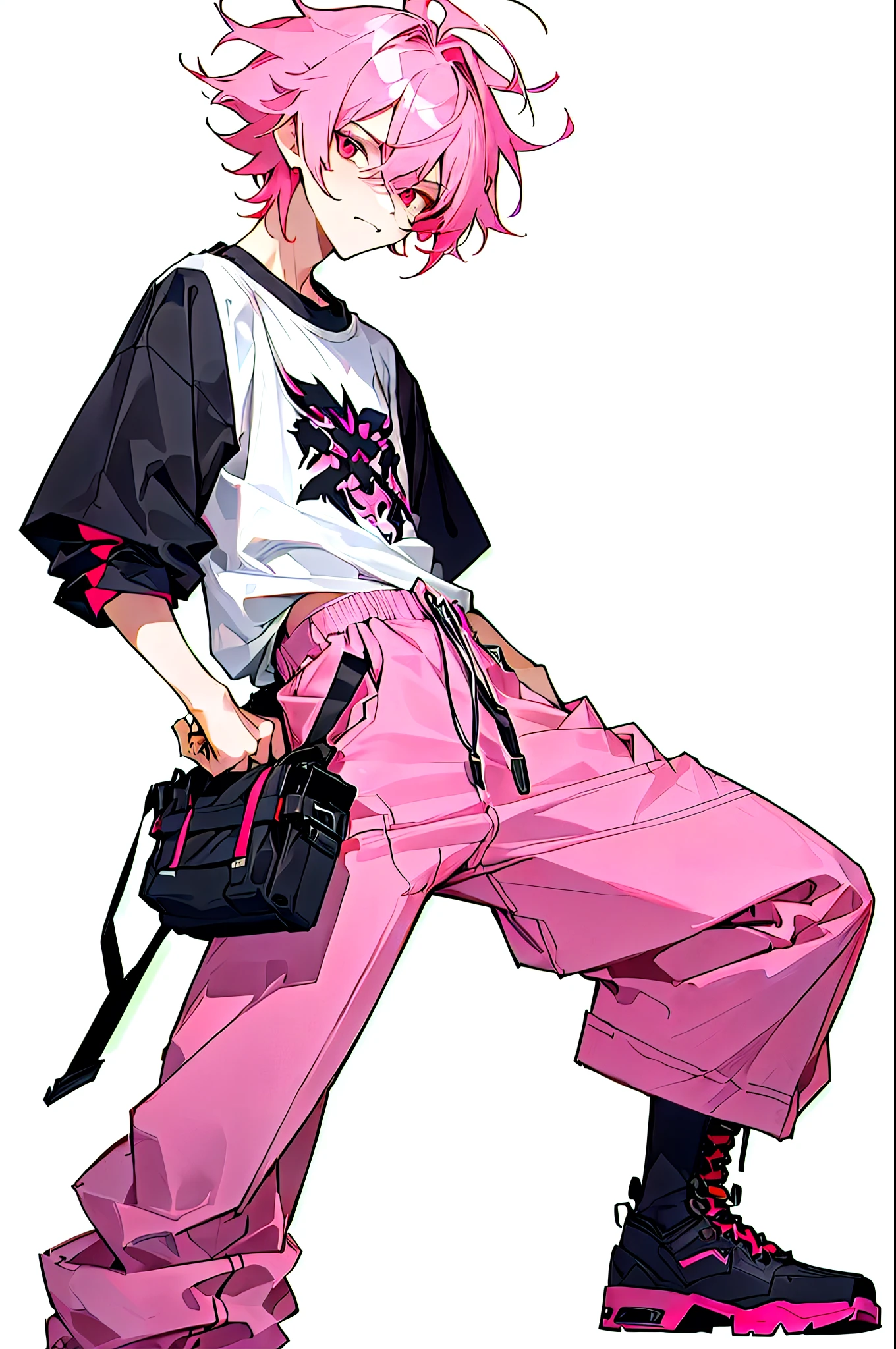 1male, pink hair, short hair, messy hair, smug expression, pink eyes, white and black design shirt, red baggy pants, black boots, white and grey foggy background