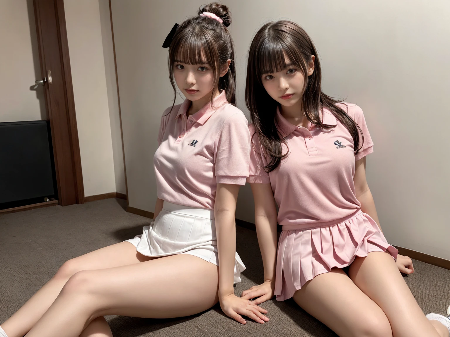 masterpiece, best quality, illustration, Super detailed, fine details, High resolution, 8K,wall paper, perfect dynamic composition,(Details High quality, realistic depiction of eyes:1.3), (2 girls), BREAK (white theme:1.4), (tucked-out short sleeve white polo shirt:1.4), (pink lines on tops outline:1.3), (pure white pleated mini skirt:1.3), (hem of top covers top half of skirt:1.3), (pink fluffy scrunchie on wrist:1.3), (white and pink sports shoes:1.2), sitting, open legs, short bob hair, in a hotel room in the background, deep on field, large breasts, black hair color, Big Natural Color Lip, (perfect body shape), crying a little、Harajuku style、20 year old girl、cute type、beautiful legs, Gravure Idol
