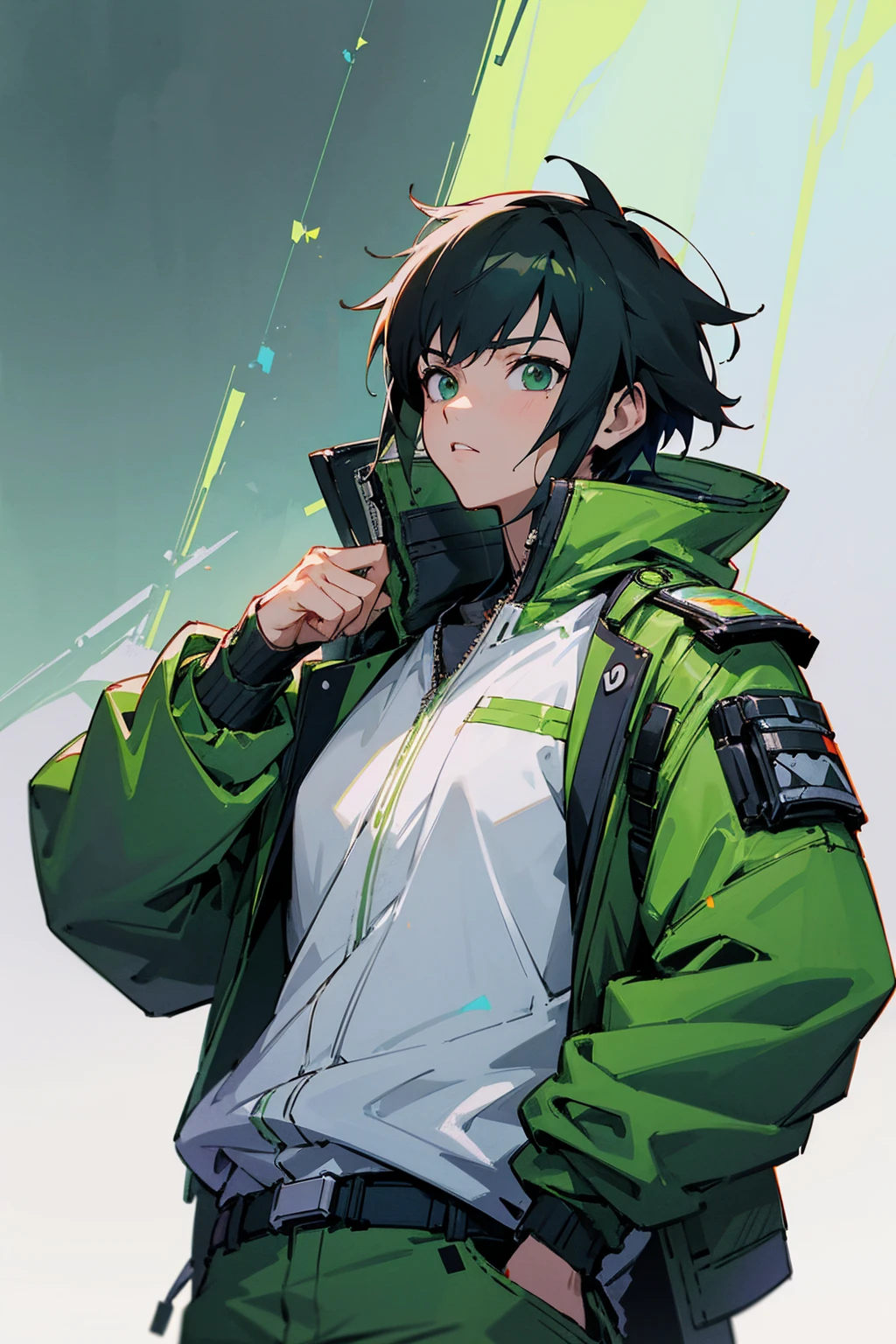 a cartoon picture of a man with a green jacket and a white shirt, epic anime style, makoto shinkai ( apex legends ), eka's portal, makoto, phone wallpaper, digital cyberpunk anime art, anime cyberpunk art, cyberpunk futuristic neo, epic wallpaper, cyberpunk anime art, mobile wallpaper, 4k anime wallpaper, 8k)), by Choi Buk