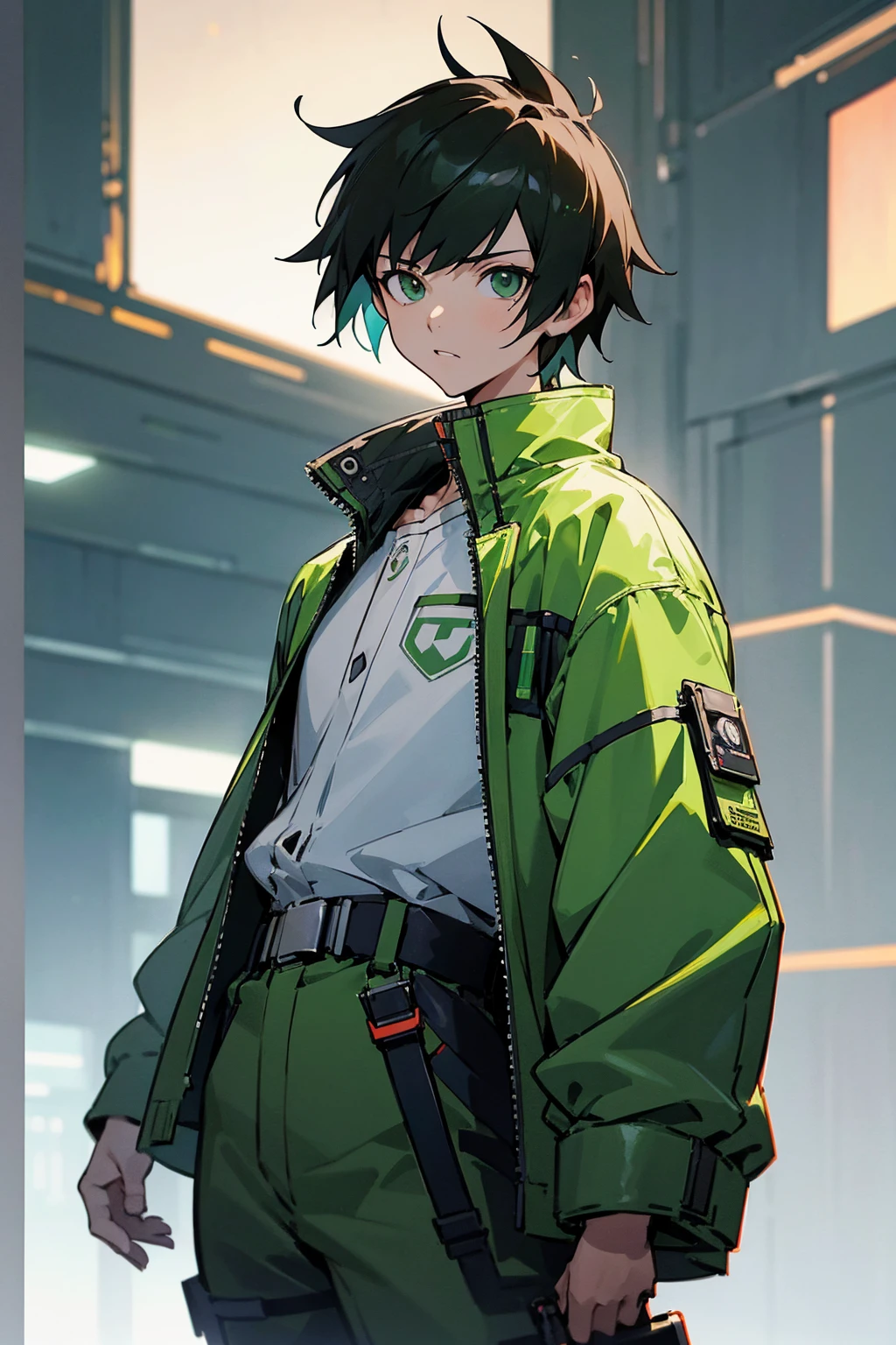 a cartoon picture of a man with a green jacket and a white shirt, epic anime style, makoto shinkai ( apex legends ), eka's portal, makoto, phone wallpaper, digital cyberpunk anime art, anime cyberpunk art, cyberpunk futuristic neo, epic wallpaper, cyberpunk anime art, mobile wallpaper, 4k anime wallpaper, 8k)), by Choi Buk