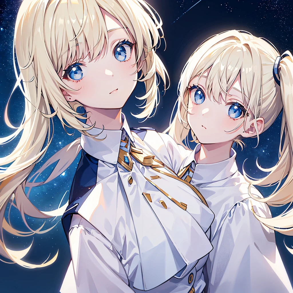 face close-up,moon light,swept bangs,pigtails, blond hair, blue eyes, white clothes. beautiful eyes,best quality,top of the head,starry sky background,from the neck up