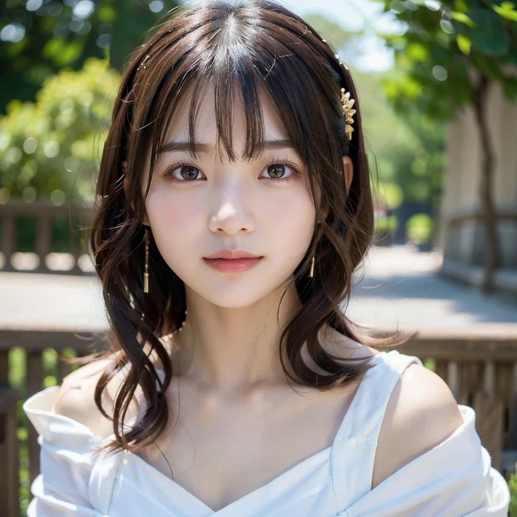 Wavy long hair,hair ornaments，Off-the-shoulder kimono