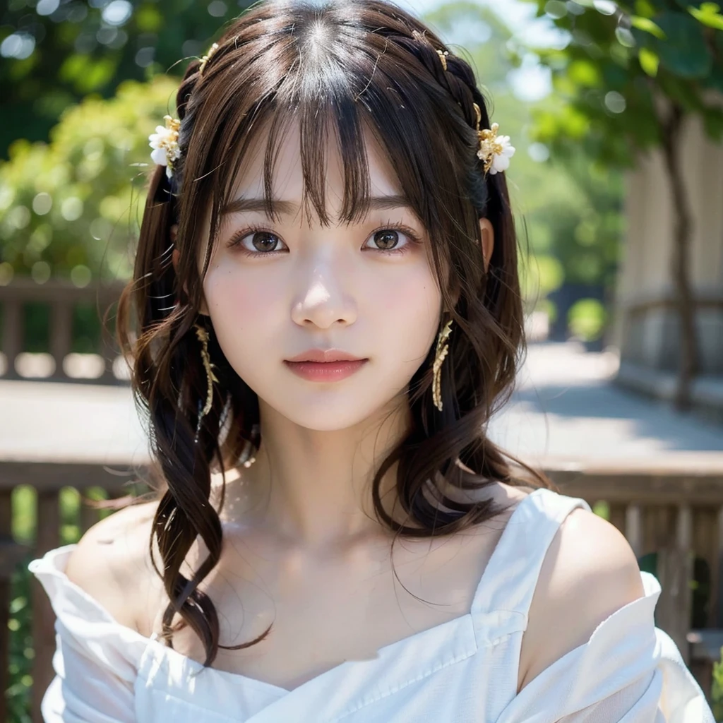 Wavy long hair,hair ornaments，Off-the-shoulder kimono