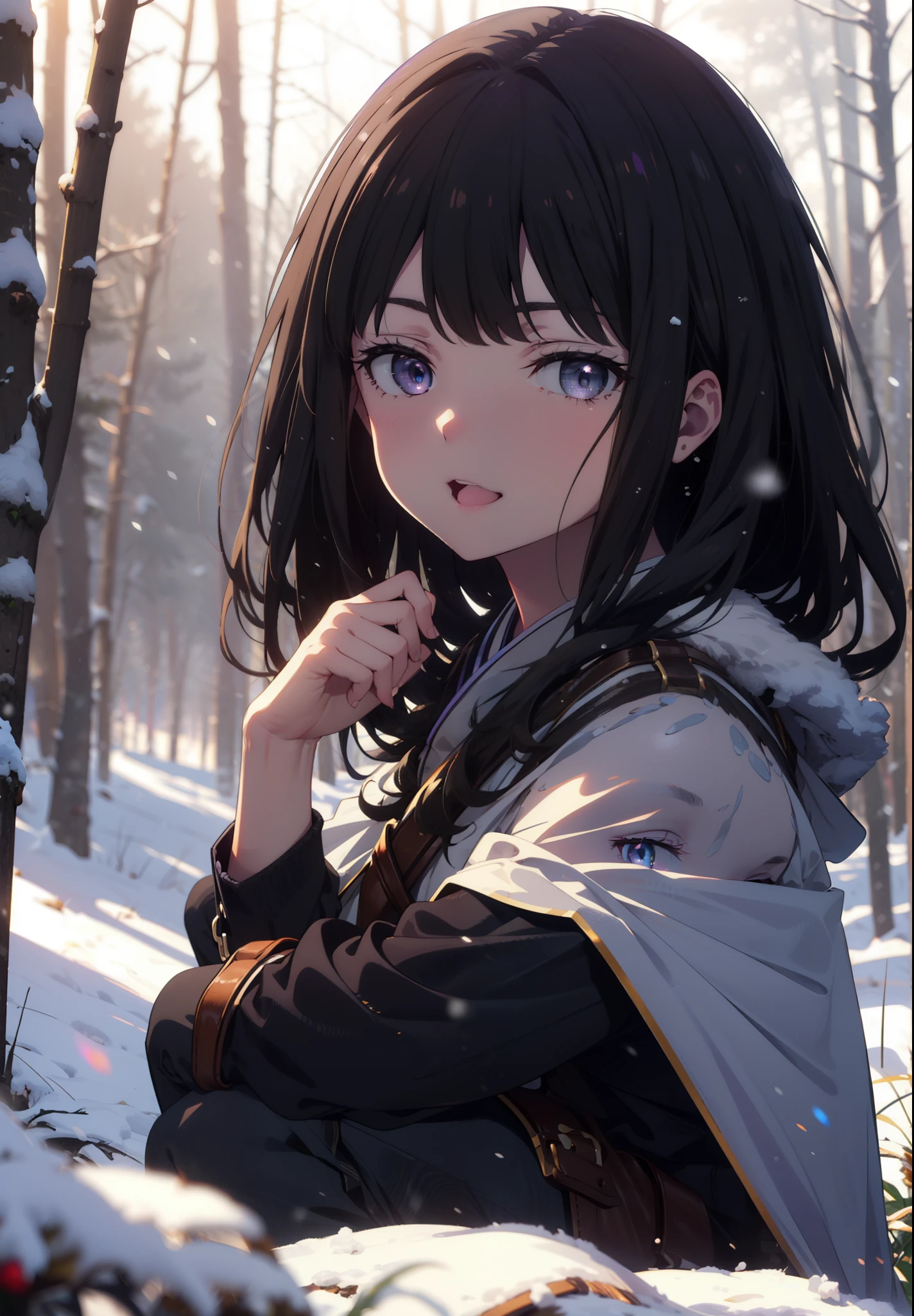 Takiuchi, Inoue Check, Long Hair, bangs, Black Hair, (Purple eyes:1.2),smile,
Open your mouth,snow,Bonfire, Outdoor, boots, snowing, From the side, wood, suitcase, Cape, Blurred, forest,  nature, Squat,  Cape, winter, Written boundary depth, Black shoes, blue Cape break looking at viewer, Upper Body, whole body, break Outdoor, forest, nature, break (masterpiece:1.2), Highest quality, High resolution, unity 8k wallpaper, (shape:0.8), (Beautiful and beautiful eyes:1.6), Highly detailed face, Perfect lighting, Extremely detailed CG, (Perfect hands, Perfect Anatomy),
