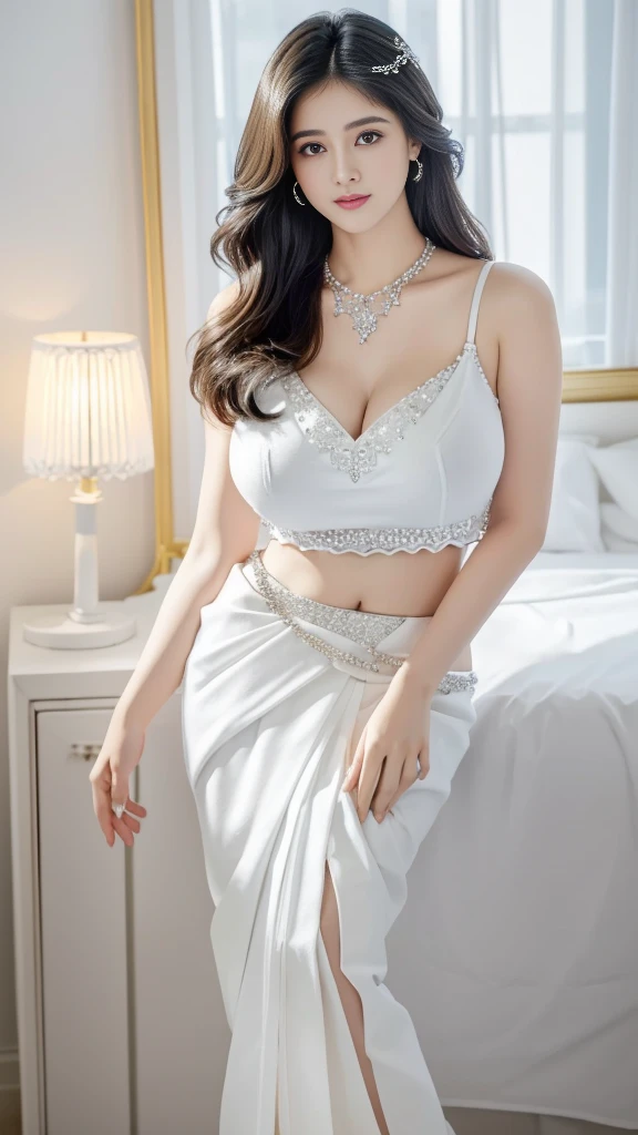 Marian Rivera, 30 years old ,((1 girl)), Solo, ((gigantic breast:1.3)), beautiful young lady, Nikon Z 85mm, ((best quality)) ((masterpiece)), intricate detail, sharp focus, professional, realistic, real life, hyperreal, photorealistic,  fine detail, best quality, very Detailed CG unity 8k wallpaper, perfect artwork, Full body, shiny hair, glowing eyes, shiny skin, realistic, perfect female hourglass figure, waist, wide buttocks, looking at viewer, extremely delicate and beautiful, best quality, beautiful detail girl, beautiful eye detail, face lighting, film lighting, perspective, revealing buttocks, perfect collarbone, golden ratio face, realistic facial expression, (exquisite detail, makeup, (exquisite beautiful exquisite face, delicate and beautiful eyes, a face with perfect proportions, high-detailed skin,((wearing tight white saree grey mini skirt )), (( diamond necklace)), ((closed breast)), ((closed clothes), ((polite clothes)), luxury hotel bedroom,standing, feet,  dynamic pose