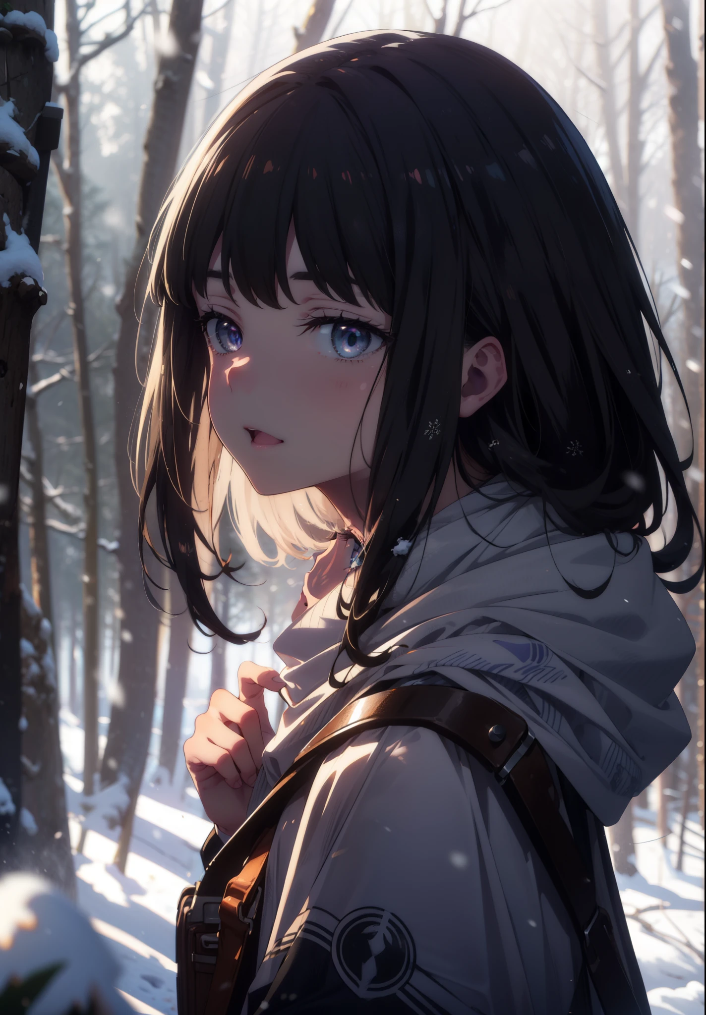 Takiuchi, Inoue Check, Long Hair, bangs, Black Hair, (Purple eyes:1.2),smile,
Open your mouth,snow,Bonfire, Outdoor, boots, snowing, From the side, wood, suitcase, Cape, Blurred, forest, nature, Squat, Cape, winter, Written boundary depth, Black shoes, blue Cape break looking at viewer, Upper Body, whole body, break Outdoor, forest, nature, break (masterpiece:1.2), Highest quality, High resolution, unity 8k wallpaper, (shape:0.8), (Beautiful and beautiful eyes:1.6), Highly detailed face, Perfect lighting, Extremely detailed CG, (Perfect hands, Perfect Anatomy),