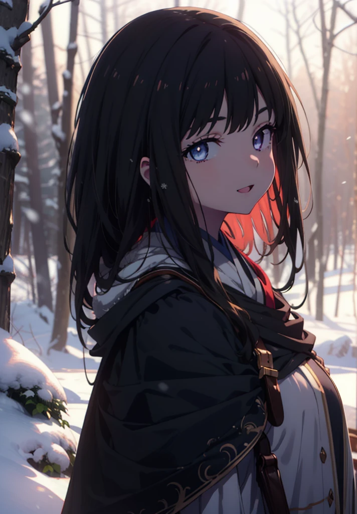 Takiuchi, Inoue Check, Long Hair, bangs, Black Hair, (Purple eyes:1.2),smile,
Open your mouth,snow,Bonfire, Outdoor, boots, snowing, From the side, wood, suitcase, Cape, Blurred, forest, nature, Squat, Cape, winter, Written boundary depth, Black shoes, blue Cape break looking at viewer, Upper Body, whole body, break Outdoor, forest, nature, break (masterpiece:1.2), Highest quality, High resolution, unity 8k wallpaper, (shape:0.8), (Beautiful and beautiful eyes:1.6), Highly detailed face, Perfect lighting, Extremely detailed CG, (Perfect hands, Perfect Anatomy),
