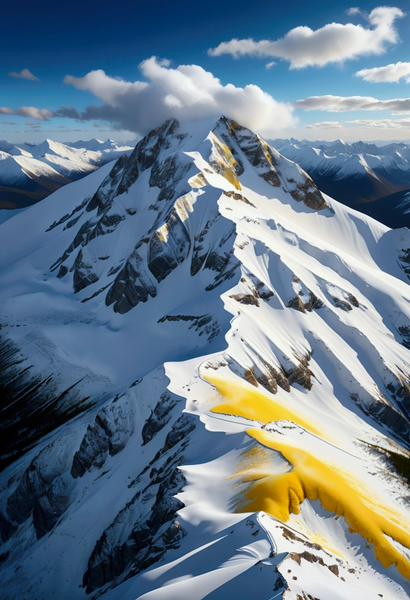 A breathtaking aerial view of a majestic snow-capped white mountain, with a gentle dusting of vibrant yellow powder scattered around its base, (best quality,4k,8k,highres,masterpiece:1.2),ultra-detailed,(realistic,photorealistic,photo-realistic:1.37),landscape, dramatic lighting, cinematic composition, intense color contrast, dynamic sky, awe-inspiring, atmospheric
